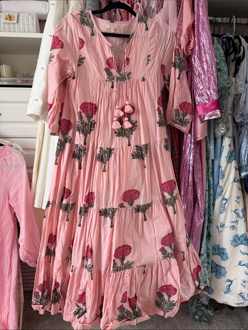 Pink Chicken Pink Floral Tiered Tassel Dress